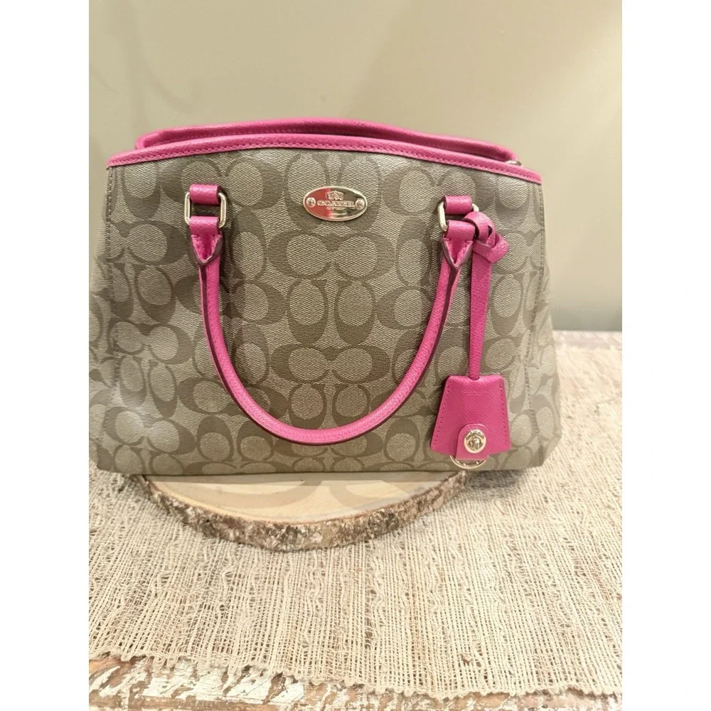 COACH Signature Margot Carryall & Wrislet 2pc Set Khaki & Pink PVC Crossbody - Picture 5 of 16